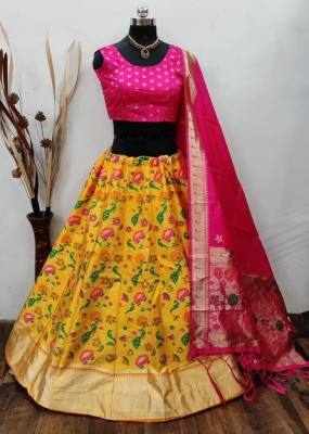 Fabcartz Floral Print Semi Stitched Lehenga Choli(Yellow)