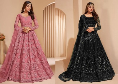 Udbhav Export Embroidered Semi Stitched Lehenga Choli(Pink, Black)