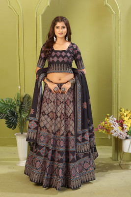 KRISHU ETHNICS Digital Print Semi Stitched Lehenga Choli(Black, Red)