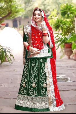 New Pooja Embroidered, Embellished Semi Stitched Rajasthani Poshak(Green, Red)