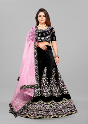 KV Fashion Embroidered Semi Stitched Lehenga Choli(Black)