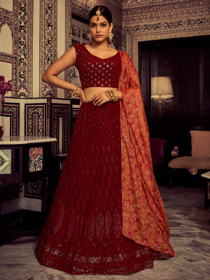 odette Embroidered Semi Stitched Lehenga Choli(Maroon)