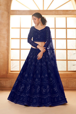 legacyethnic Embroidered Semi Stitched Lehenga Choli(Dark Blue)
