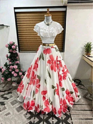 Ajfab Floral Print Stitched Lehenga & Crop Top(Pink, White)