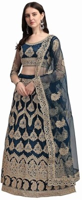 ELITEVIBE Embroidered Semi Stitched Lehenga Choli(Blue, Gold)