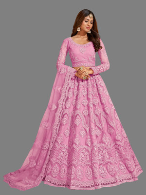 KV Fashion Embroidered Semi Stitched Lehenga Choli(Pink)