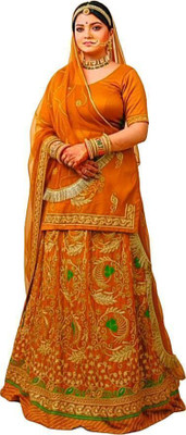 Bhawani saree center Embroidered Semi Stitched Rajasthani Poshak(Gold)