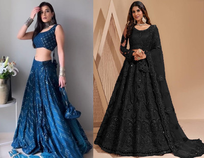 Reelove Factory Embroidered Semi Stitched Lehenga Choli(Dark Blue, Black)