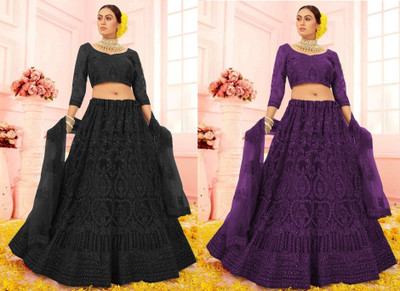 Udbhav Export Embroidered Semi Stitched Lehenga Choli(Black, Purple)