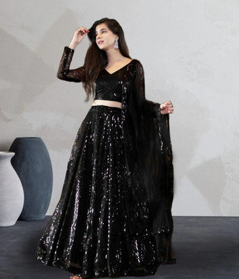 Kedar Fab Embellished Semi Stitched Lehenga Choli(Black)