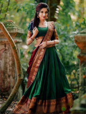 R K INFINITIVE Solid Semi Stitched Lehenga Choli(Green, Red)