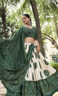 SILLYGUDY Printed Semi Stitched Lehenga Choli(Dark Green)