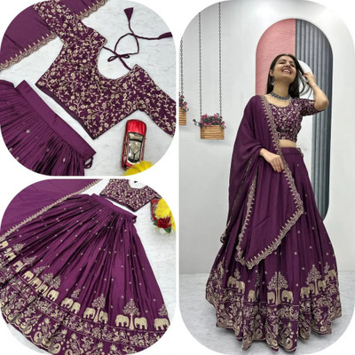 Ethnicset Embroidered Semi Stitched Lehenga Choli(Purple)