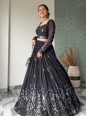 JOVTY Embroidered, Embellished Semi Stitched Lehenga Choli(Black)