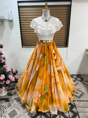 dibas Digital Print Semi Stitched Lehenga & Crop Top(Yellow)