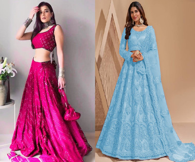 Reelove Factory Embroidered Semi Stitched Lehenga Choli(Pink, Light Blue)