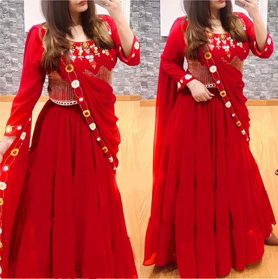 New Pooja Embellished Semi Stitched Lehenga & Crop Top(Red)
