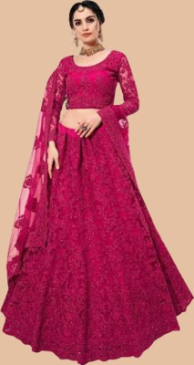 Yozzby Embroidered Semi Stitched Lehenga Choli(Pink)