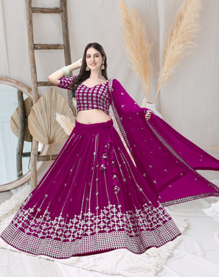 F Plus fashion Embroidered Semi Stitched Lehenga Choli(Purple)