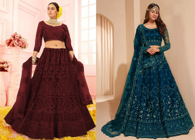 Reelove Factory Embroidered Semi Stitched Lehenga Choli(Maroon, Blue)