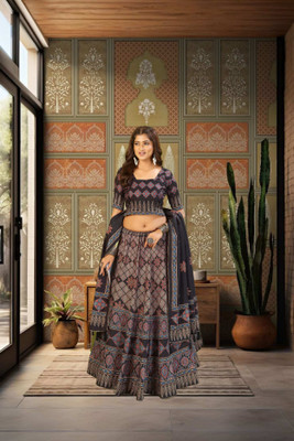 KRISHU ETHNICS Digital Print Semi Stitched Lehenga Choli(Black, Red)