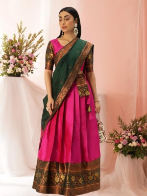 Magmina Floral Print, Embellished, Self Design, Geometric Print Semi Stitched Lehenga Choli(Pink)