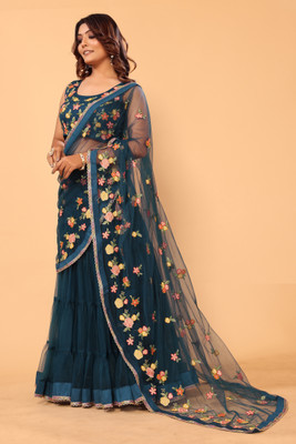 ZARUKHA Embroidered Bollywood Net Saree(Blue)