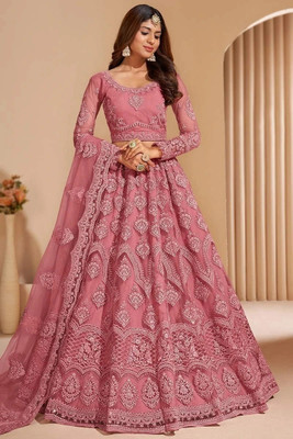 Reelove Factory Embroidered Semi Stitched Lehenga Choli(Pink)