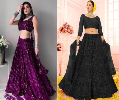 Reelove Factory Embroidered Semi Stitched Lehenga Choli(Purple, Black)