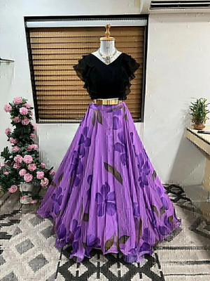 HOUSE OF COMMON Printed Stitched Lehenga & Crop Top(Black, Purple)