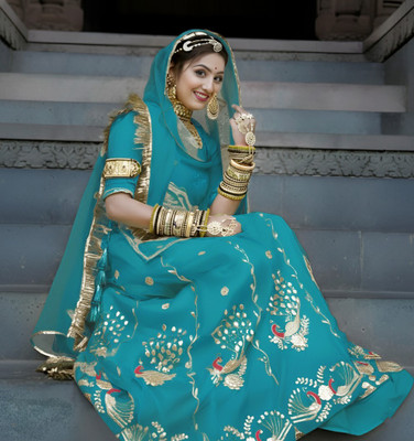New Pooja Embroidered, Embellished Semi Stitched Rajasthani Poshak(Light Blue)