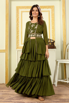 PATLANI STYLE Embroidered Stitched Lehenga with Jacket(Green)
