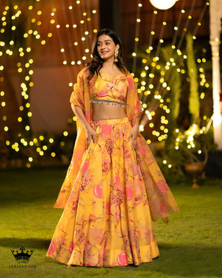 kaizen International Printed Semi Stitched Lehenga Choli(Yellow)