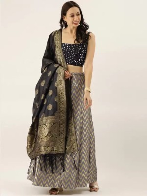 Rudraa Printed Semi Stitched Lehenga Choli(Black, Silver)