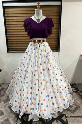 HOUSE OF COMMON Polka Print Stitched Lehenga & Crop Top(White, Purple)