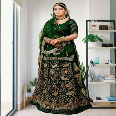 Bhawani Collection Embroidered Semi Stitched Rajasthani Poshak(Dark Green)