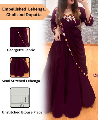 New Pooja Embellished Semi Stitched Lehenga & Crop Top(Purple)