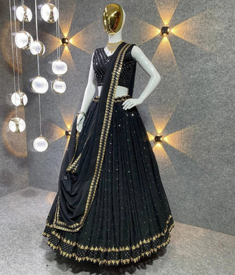 HOUSE OF COMMON Embroidered, Self Design Semi Stitched Lehenga Choli(Black)