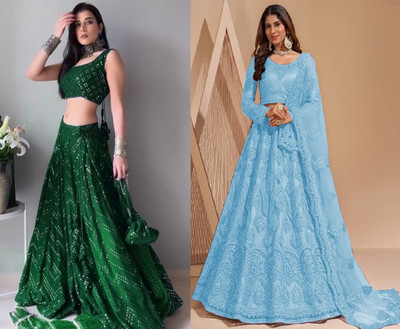 Cute Fellow Embroidered Semi Stitched Lehenga Choli(Dark Green, Light Blue)