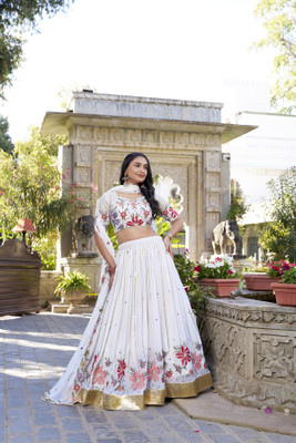 KRISHU ETHNICS Embroidered Semi Stitched Lehenga Choli(White)