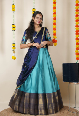 PinkBindi Self Design Semi Stitched Lehenga Choli(Blue)