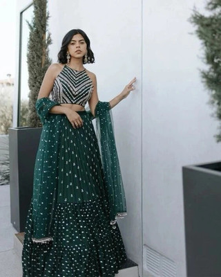 Fesqvi Embroidered Semi Stitched Lehenga Choli(Green)