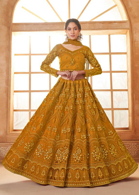 Udbhav Export Embroidered Semi Stitched Lehenga Choli(Yellow)