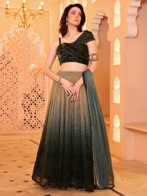 PURVAJA Digital Print Semi Stitched Lehenga Choli(Dark Green)