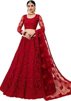 Apnisha Embroidered Semi Stitched Lehenga Choli(Red)