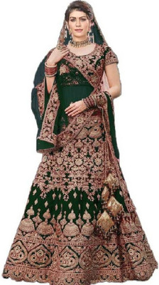 Nyalkaran Embroidered Semi Stitched Lehenga Choli(Green)