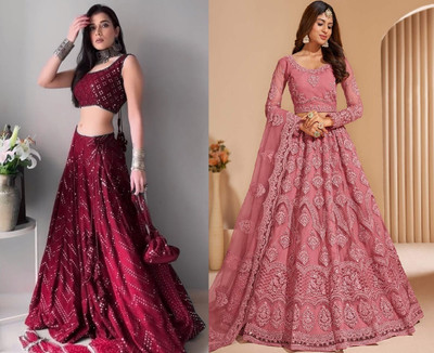 Reelove Factory Embroidered Semi Stitched Lehenga Choli(Maroon, Pink)