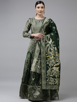 Fabcartz Embroidered Semi Stitched Lehenga Choli(Dark Green)