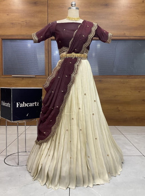 Payu Embroidered Semi Stitched Lehenga Choli(Brown, White)