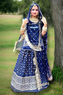Wolvox Embroidered Semi Stitched Lehenga & Kurta(Blue)